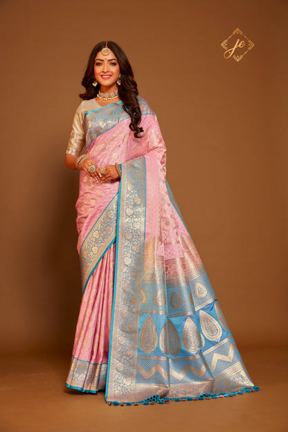 Baby Pink Satin Silk with Contrast Border Jaal Banarasi Saree