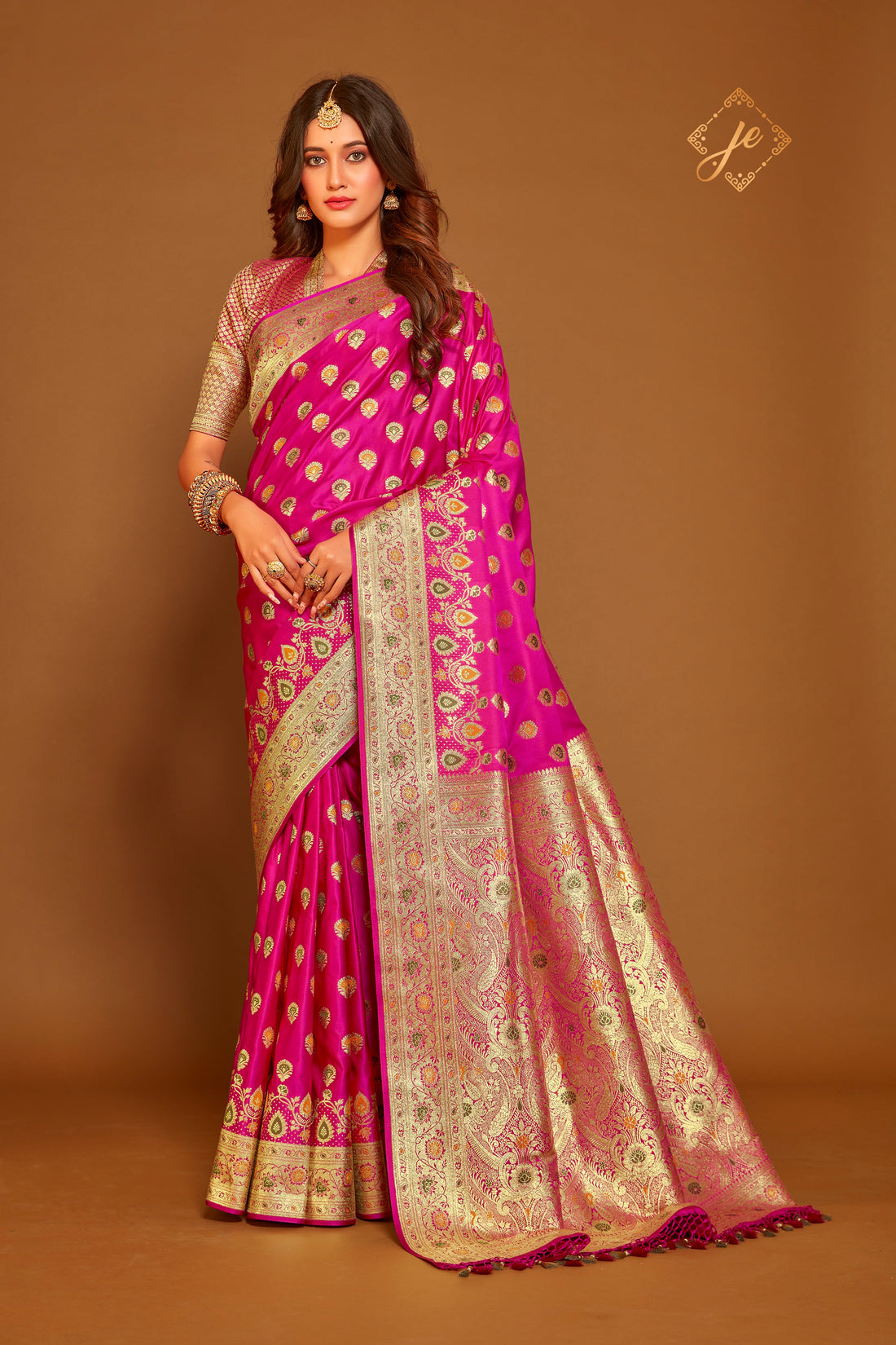 Rani Pink Satin Silk Meenakari Buti Banarasi Saree