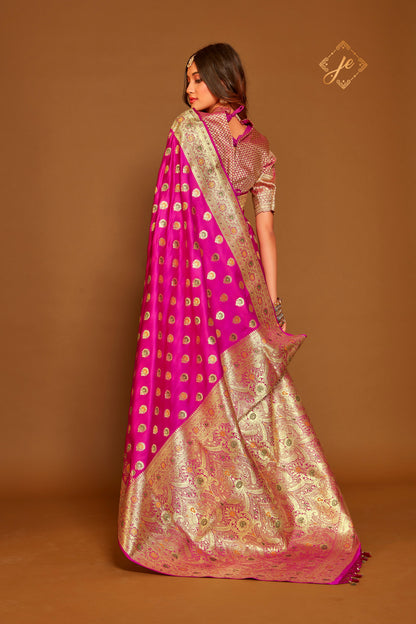 Rani Pink Satin Silk Meenakari Buti Banarasi Saree