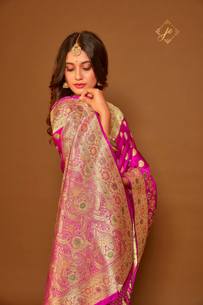 Rani Pink Satin Silk Meenakari Buti Banarasi Saree