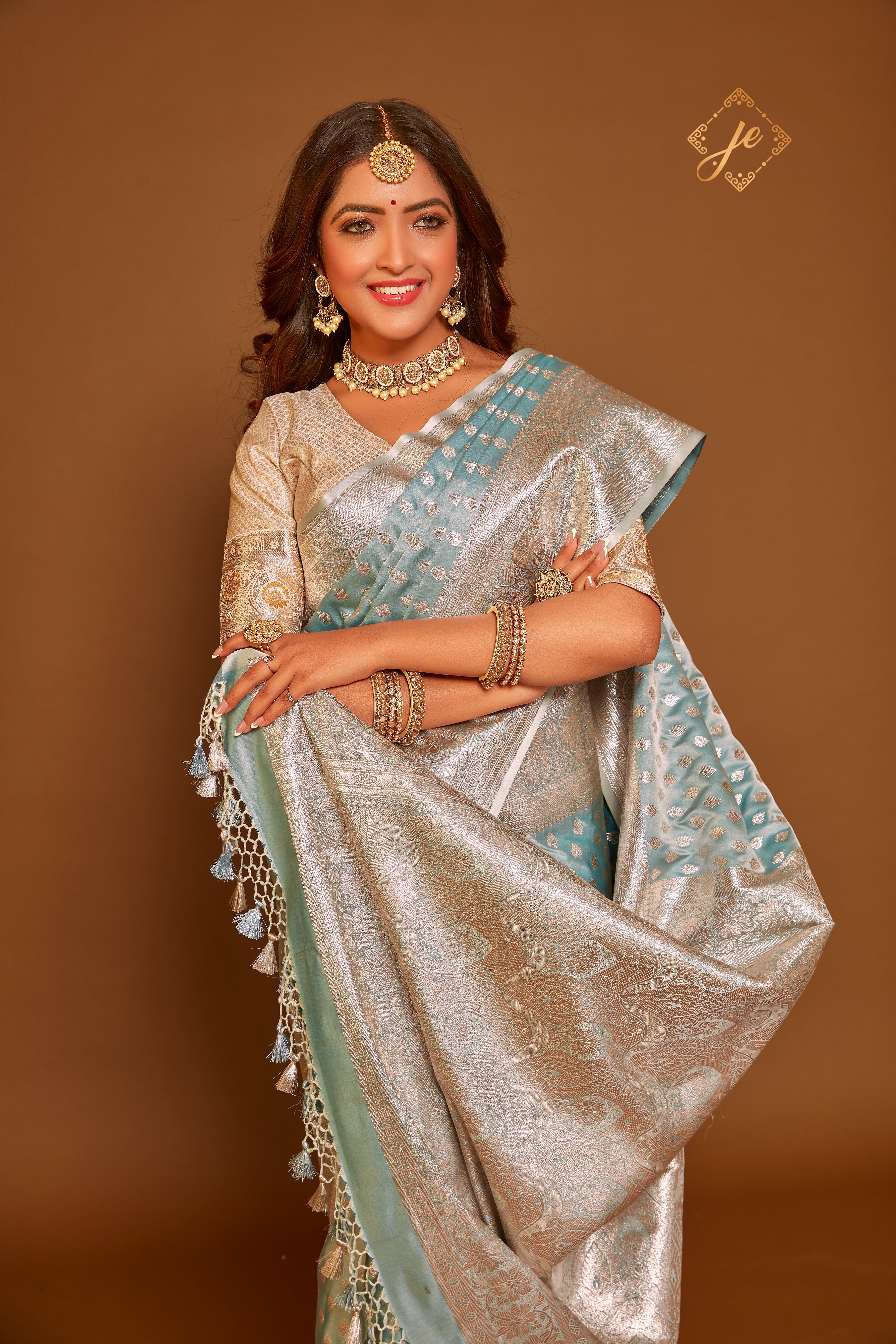 Sky Blue And Beige Kanjivaram Silk Saree - Shaaola.com