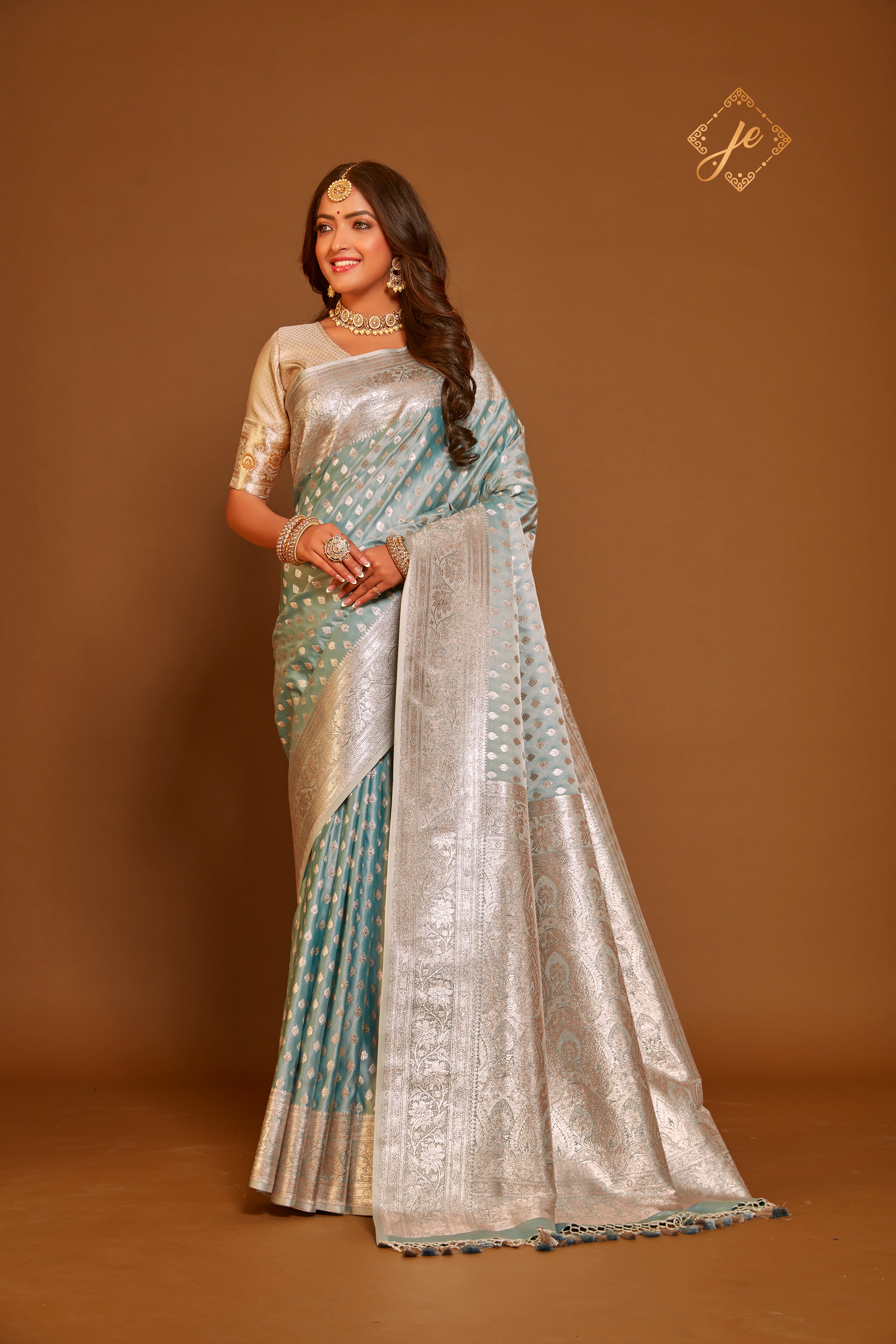 Ice Blue Satin Silk Banarasi Saree