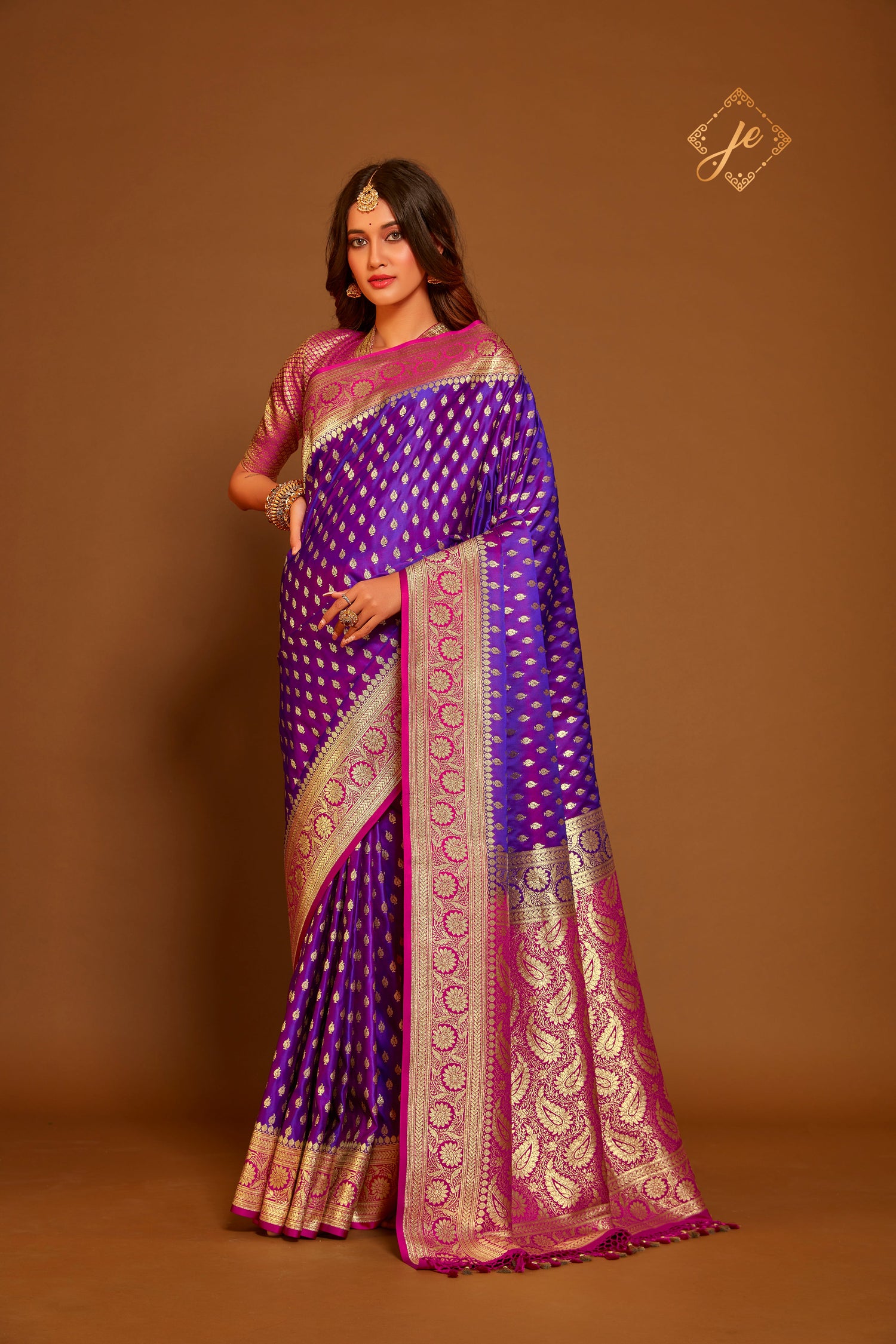 Dual-Tone Purple Satin Silk in Contrast Pink Border Banarasi Saree