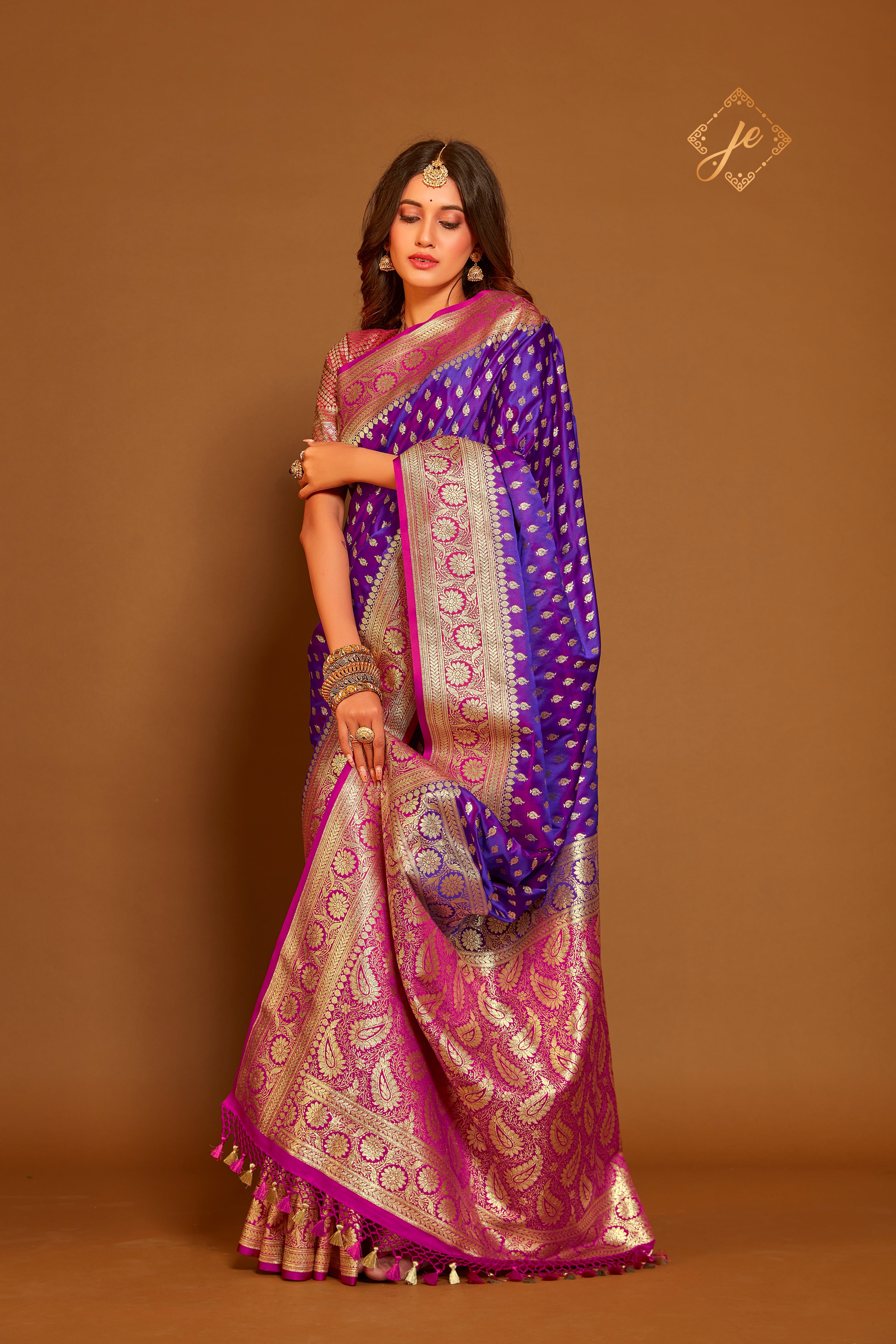 Dual-Tone Purple Satin Silk in Contrast Pink Border Banarasi Saree