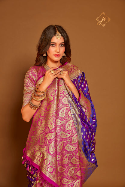 Dual-Tone Purple Satin Silk in Contrast Pink Border Banarasi Saree