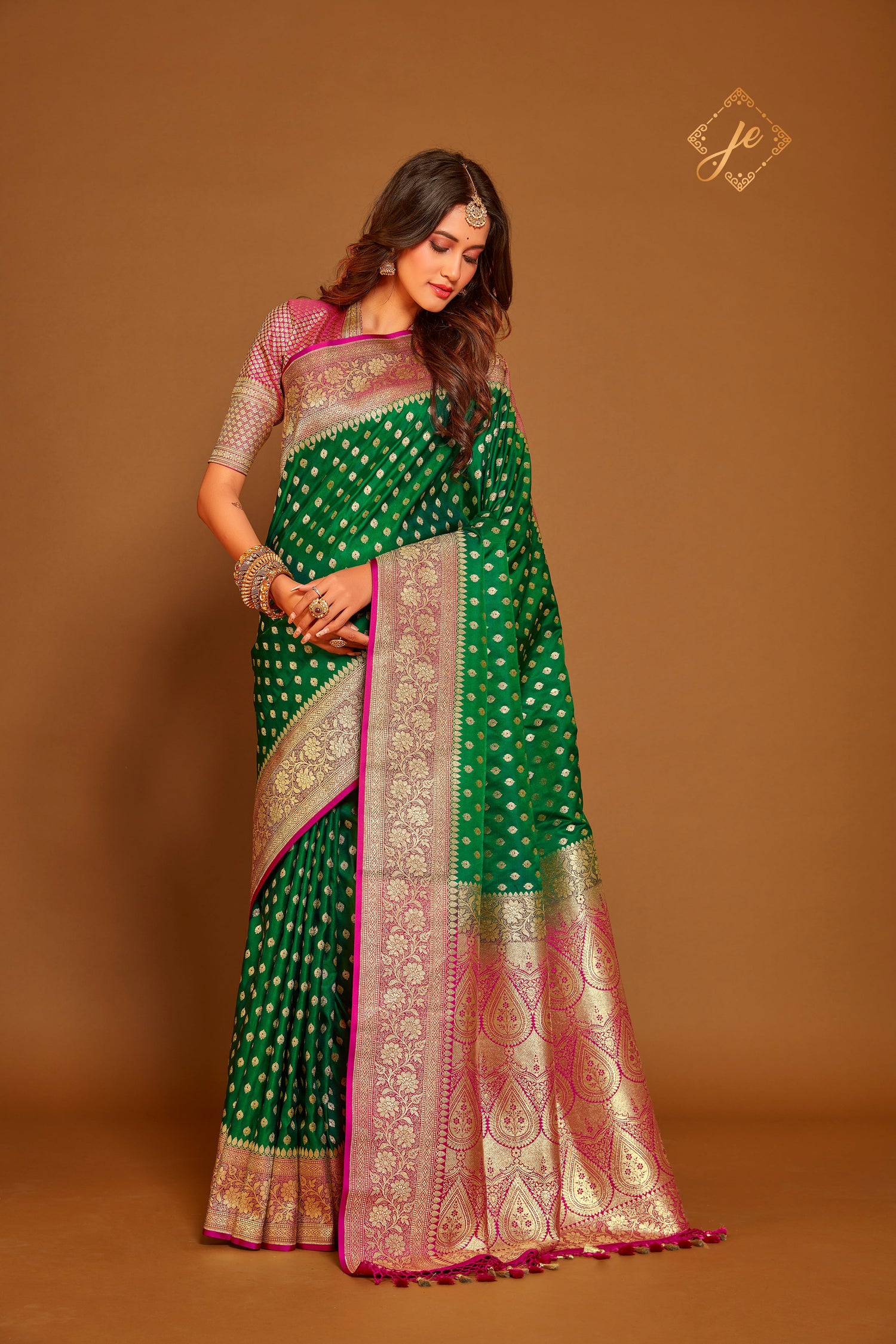 Green Satin Silk with Contrast Pink Border Banarasi Saree