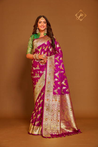 Magenta Satin Silk Meenakari Ambi Banarasi Saree