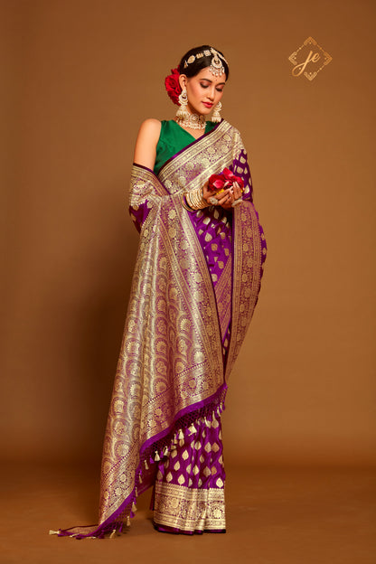 Magenta Purple Satin Silk Banarasi Saree