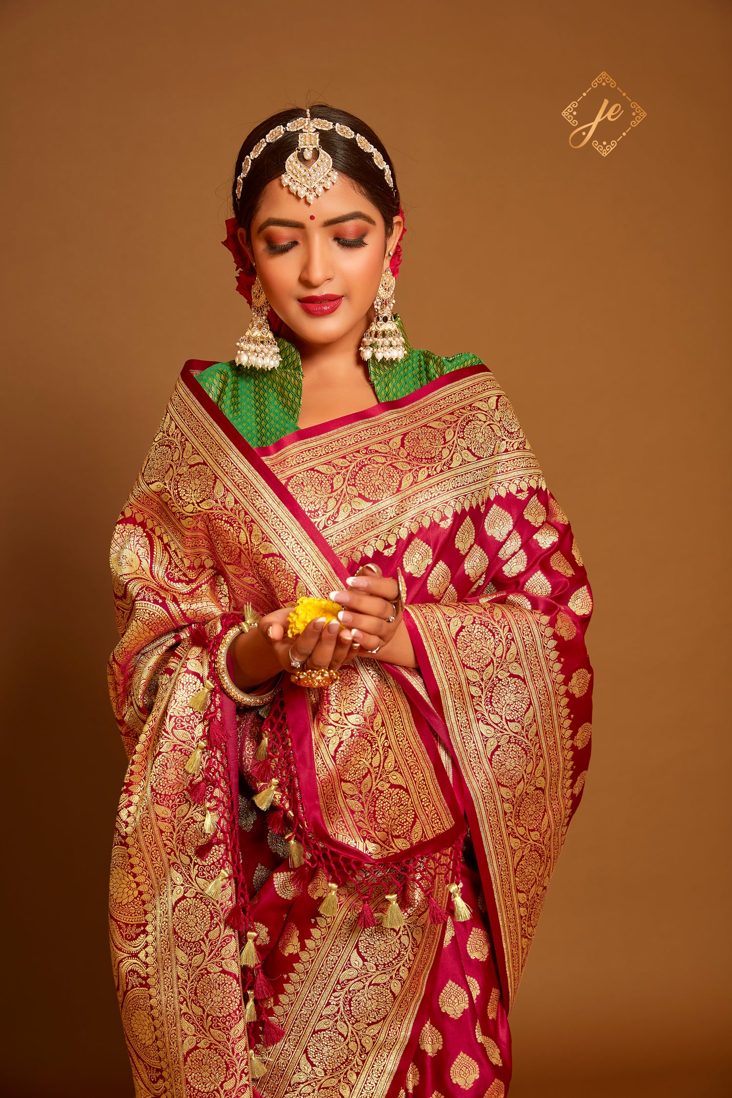 Carmine Red Satin Silk Banarasi Saree