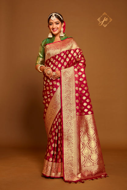 Carmine Red Satin Silk Banarasi Saree