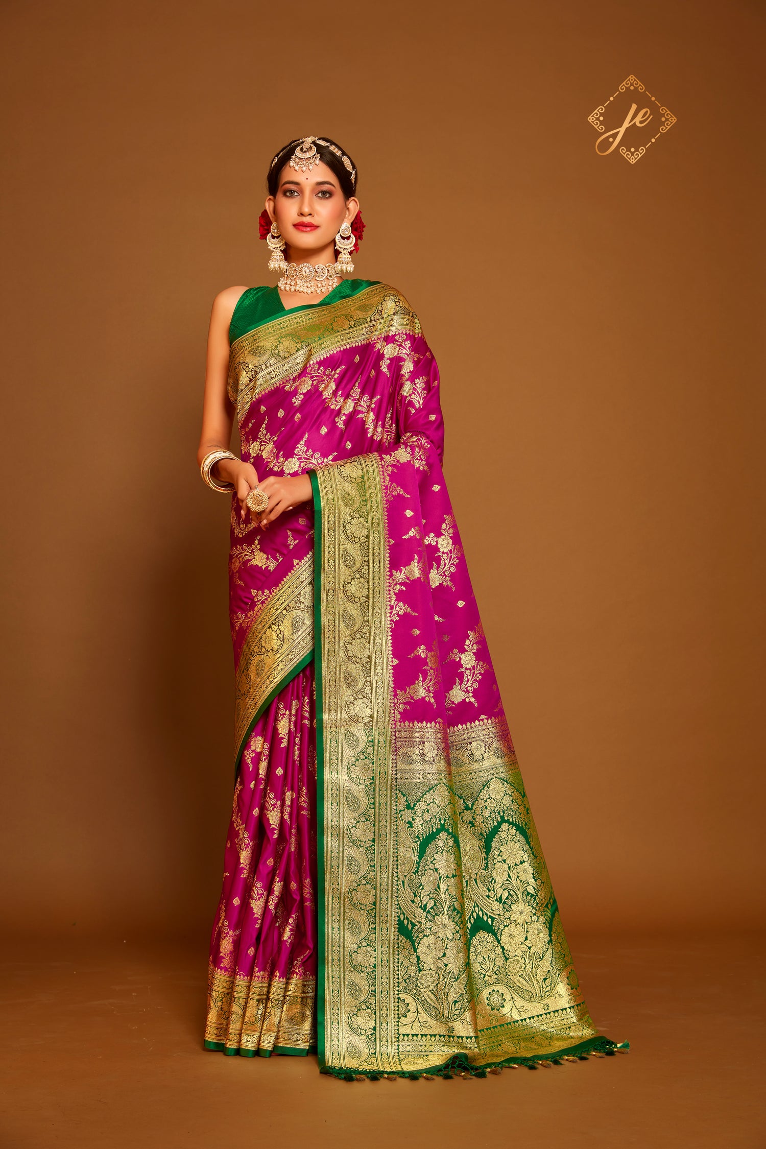 Magenta Satin Silk with Contrast Green Border Leheriya Banarasi Saree