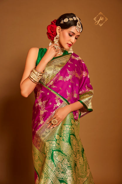 Magenta Satin Silk with Contrast Green Border Leheriya Banarasi Saree