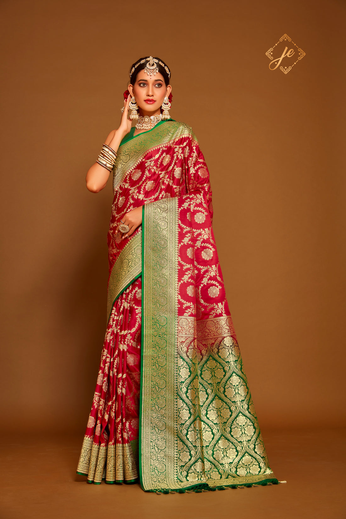 Red Satin Silk with Contrast Green Border Jaal Banarasi Saree