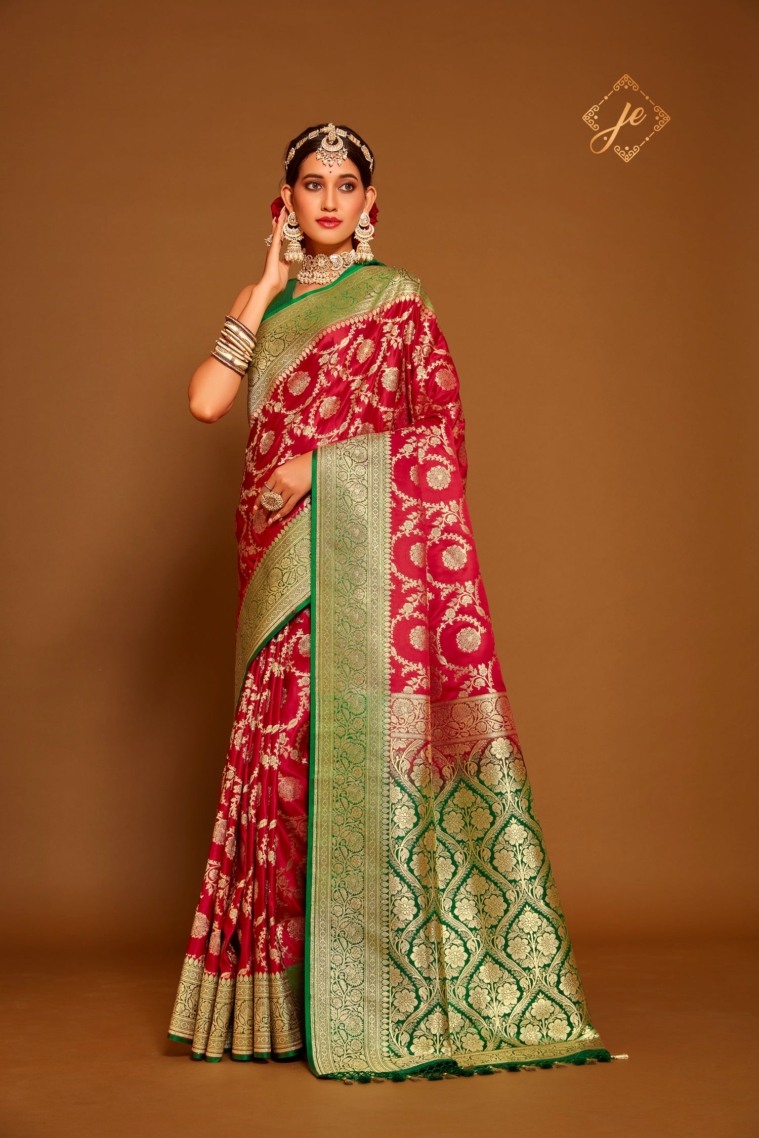 Red Satin Silk with Contrast Green Border Jaal Banarasi Saree