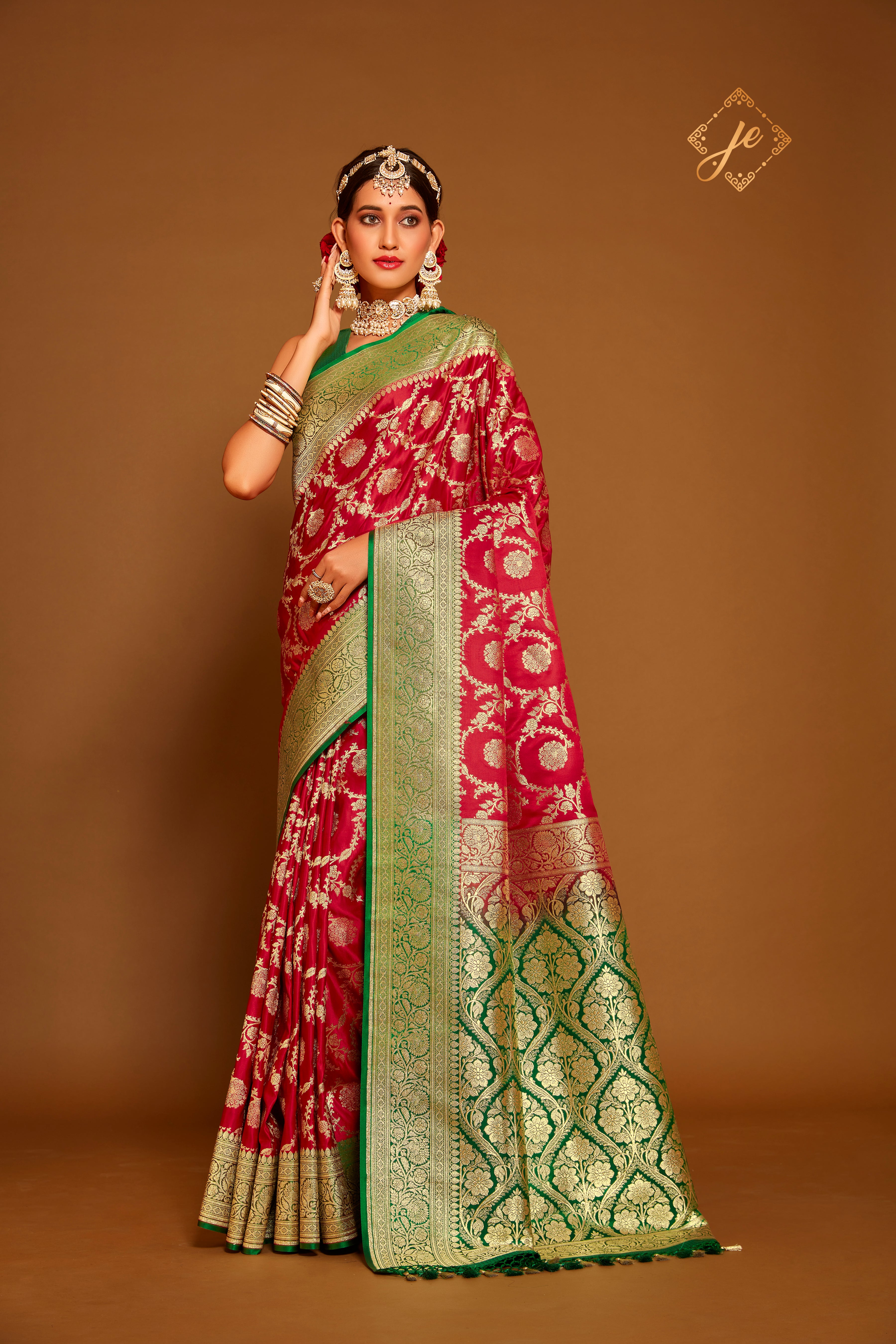 Red Satin Silk with Contrast Green Border Jaal Banarasi Saree