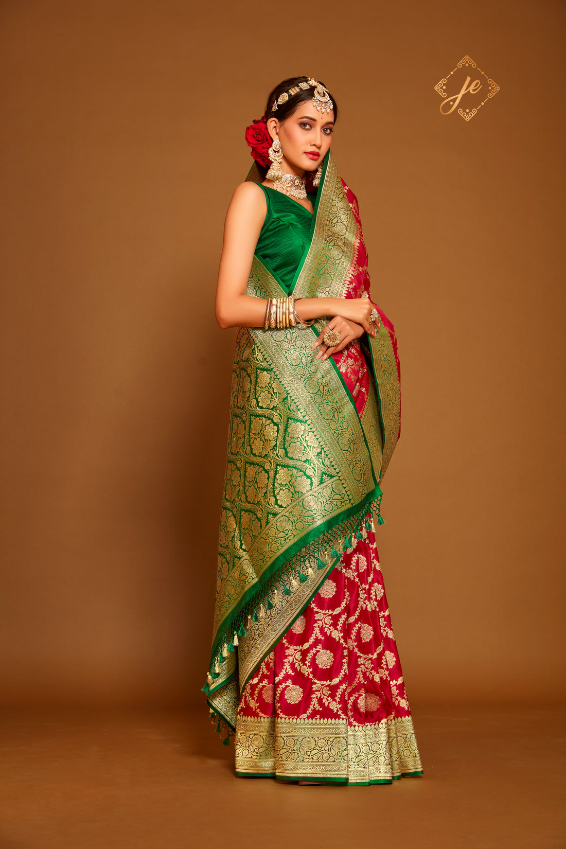 Red Satin Silk with Contrast Green Border Jaal Banarasi Saree