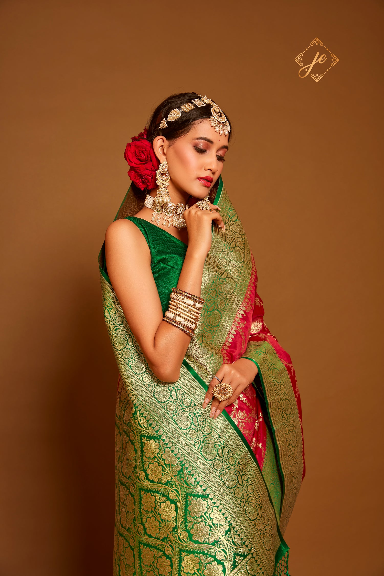 Red Satin Silk with Contrast Green Border Jaal Banarasi Saree