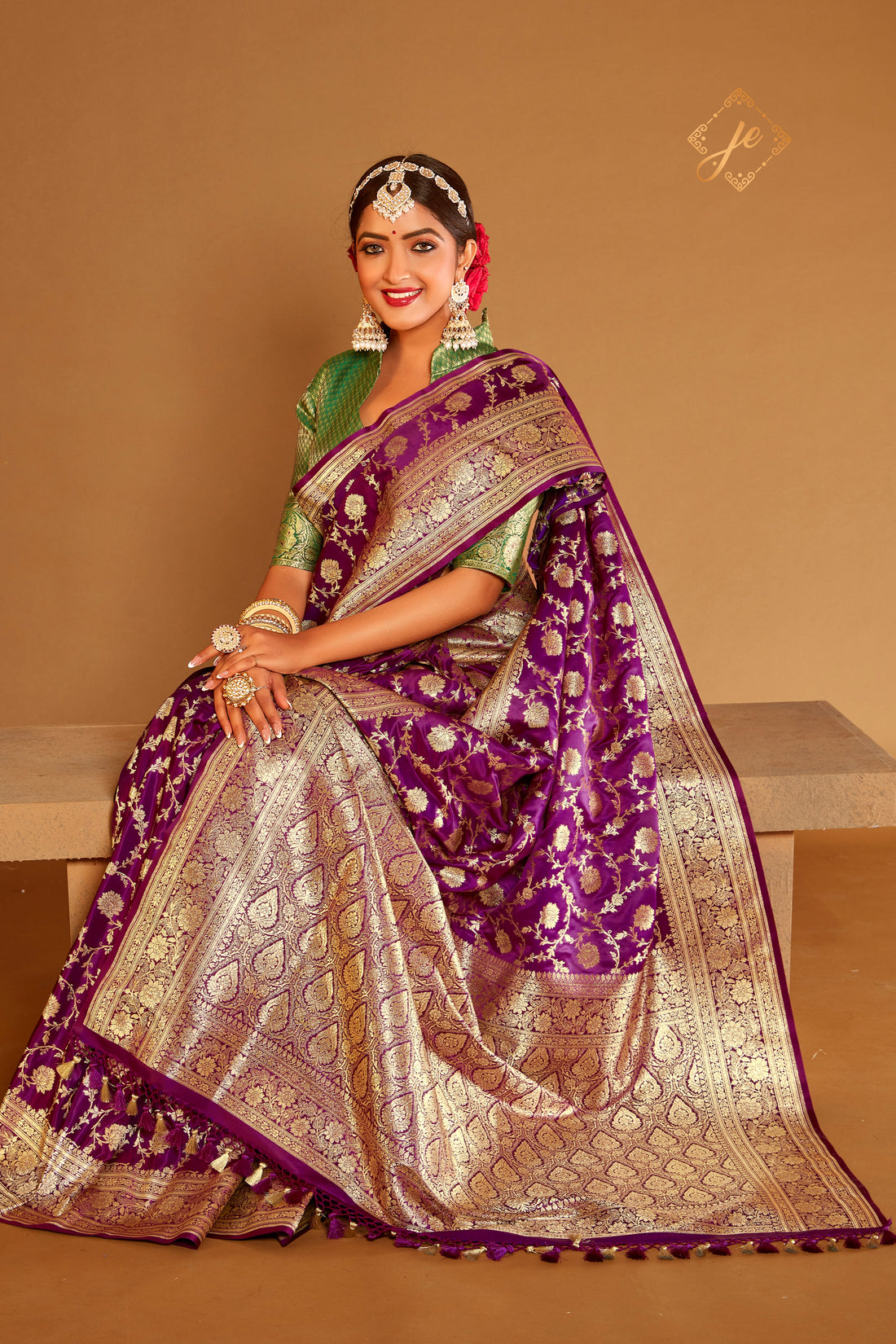 Plum Satin Silk Jaal Banarasi Saree