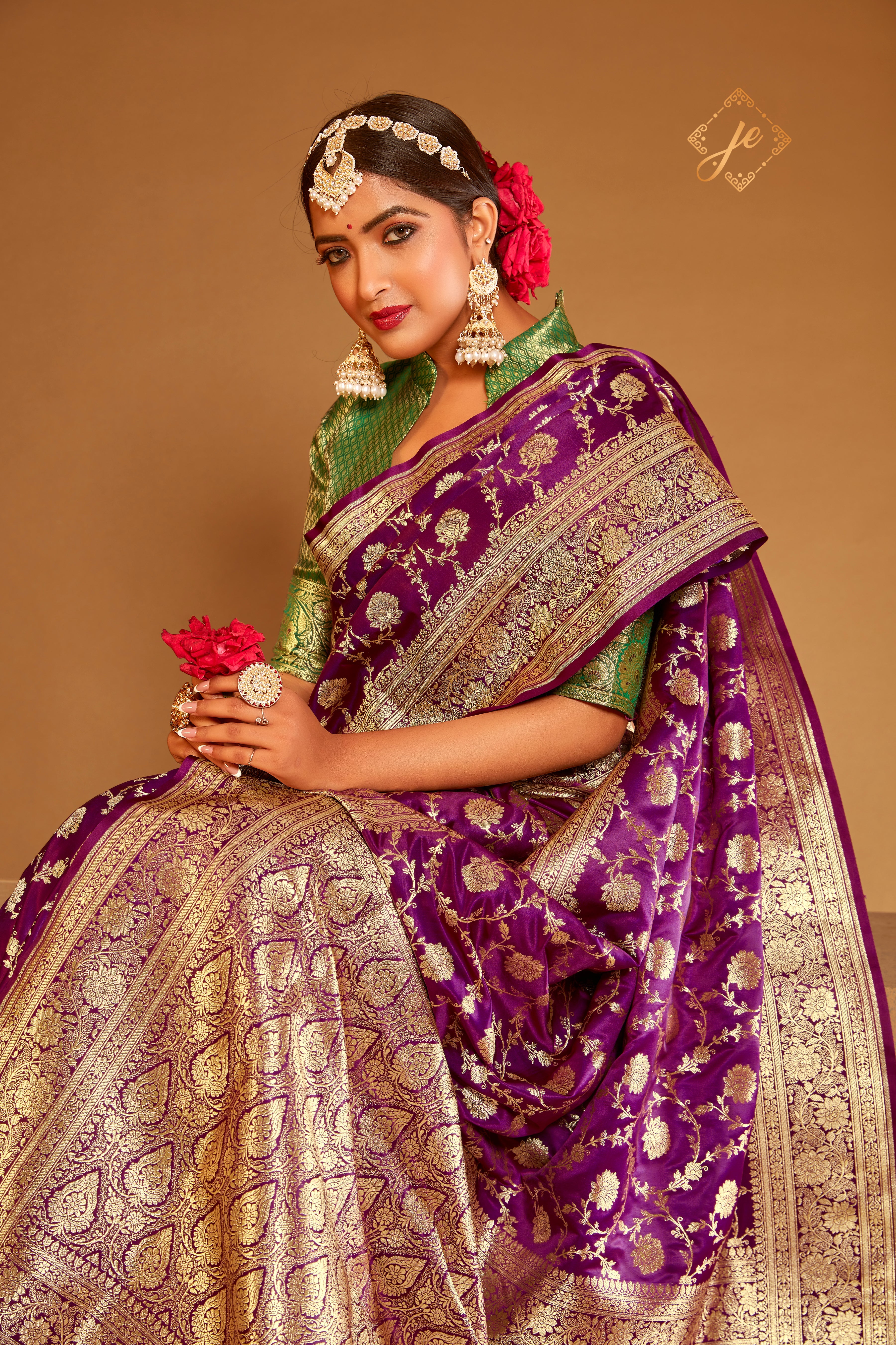 Plum Satin Silk Jaal Banarasi Saree