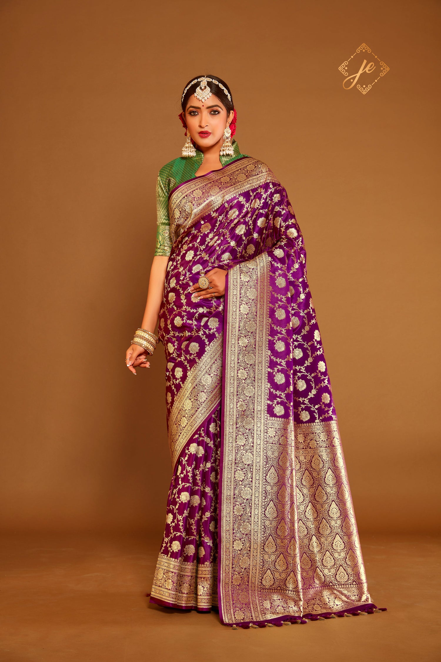 Plum Satin Silk Jaal Banarasi Saree