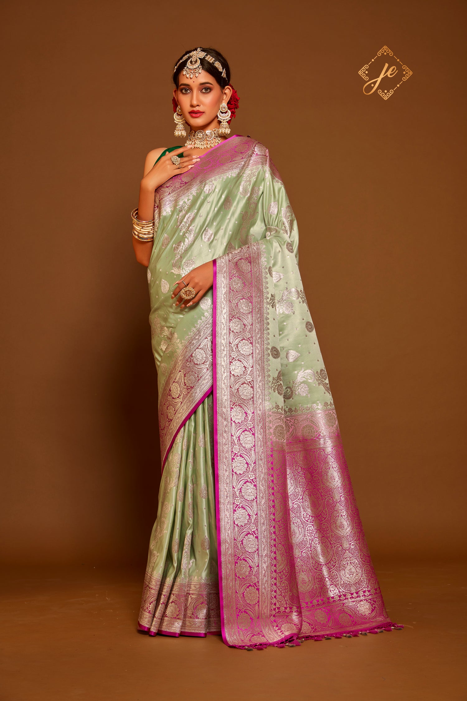 Pista-Green Satin Silk with Contrast Pink Border Banarasi Saree