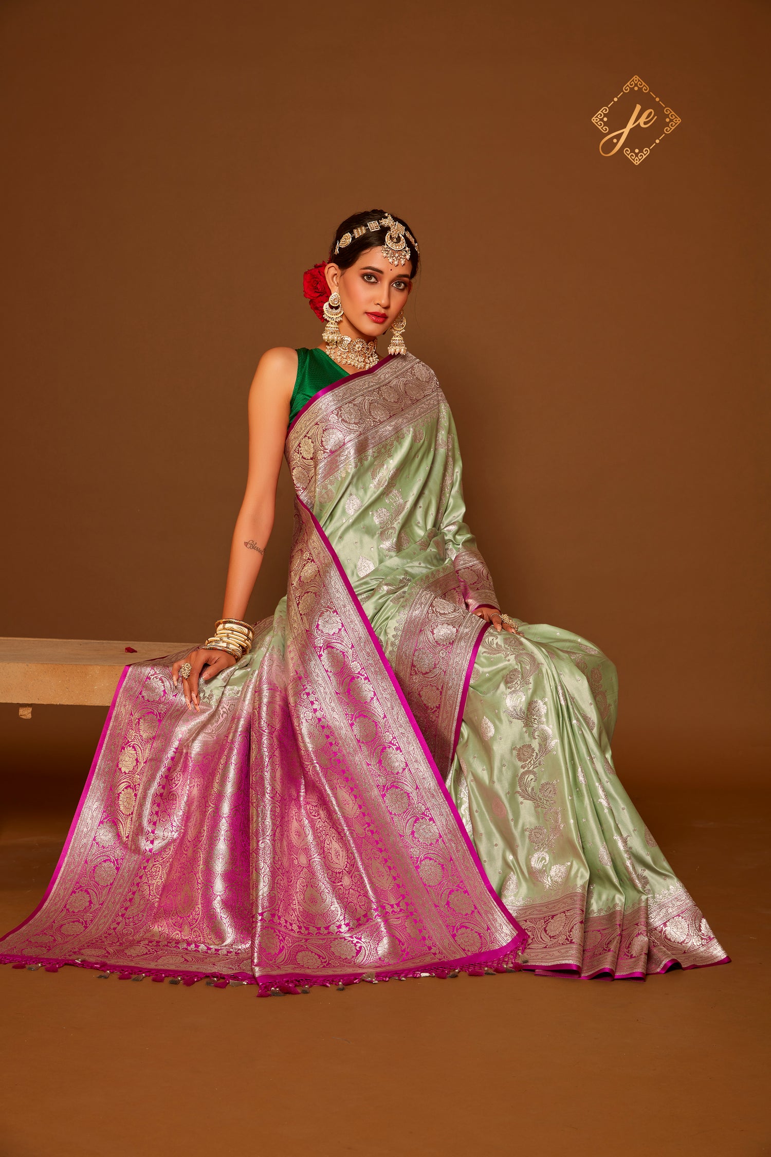 Pista-Green Satin Silk with Contrast Pink Border Banarasi Saree