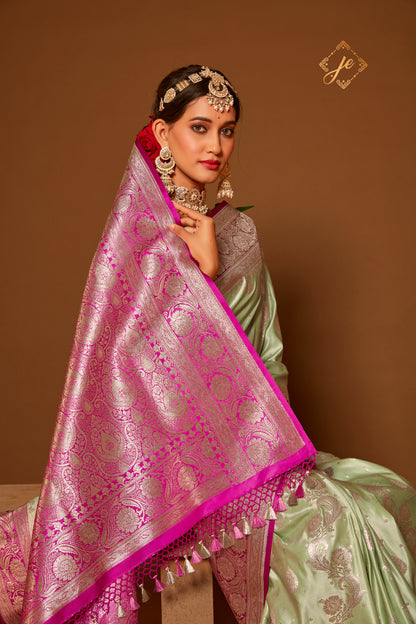 Pista-Green Satin Silk with Contrast Pink Border Banarasi Saree