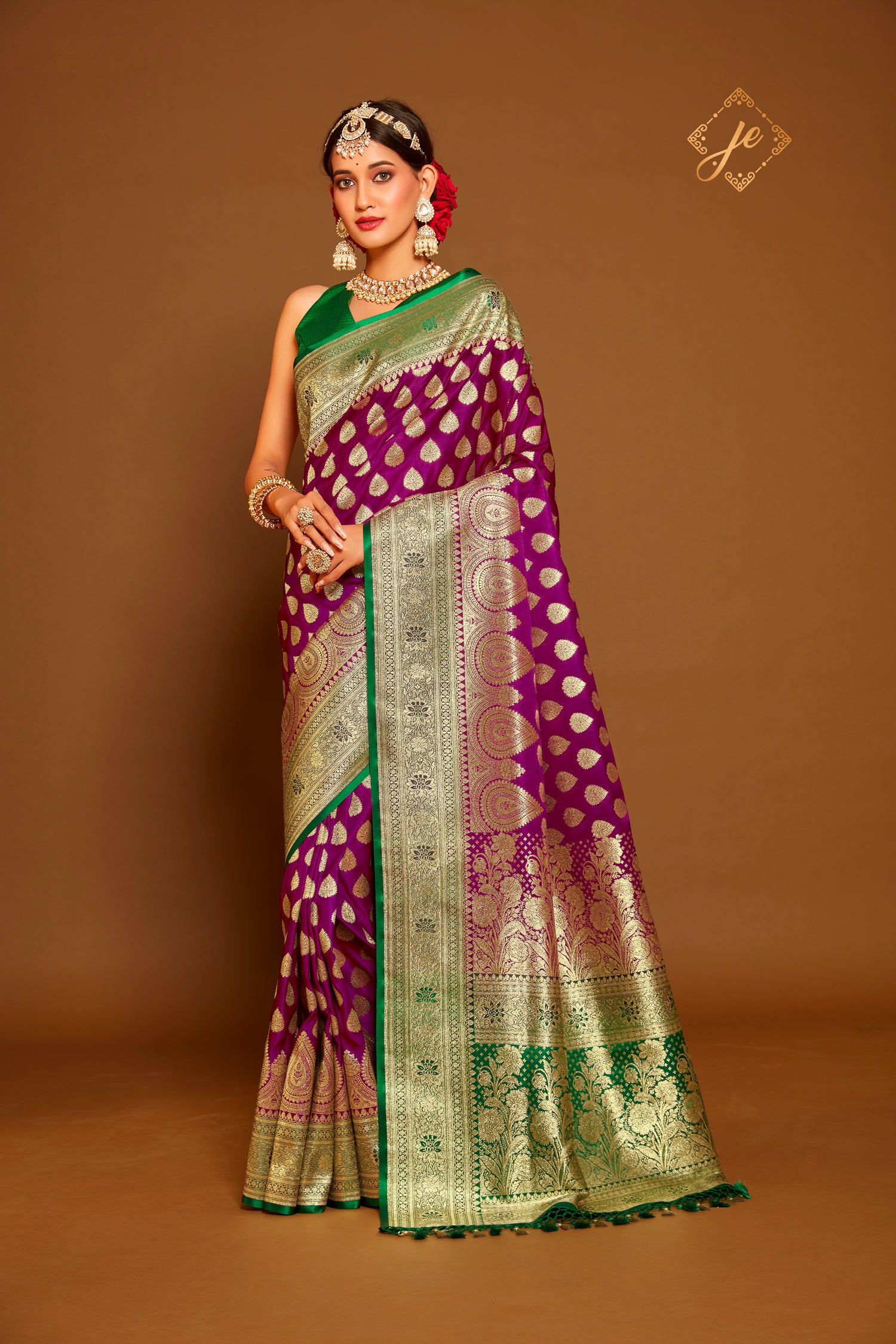 Magenta Satin Silk with Contrast Green Border Buti Banarasi Saree