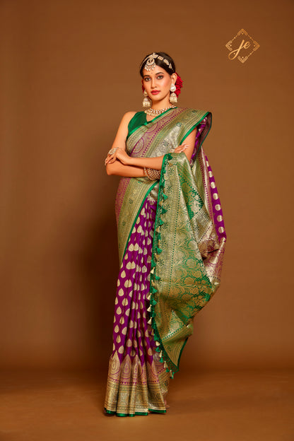 Magenta Satin Silk with Contrast Green Border Buti Banarasi Saree