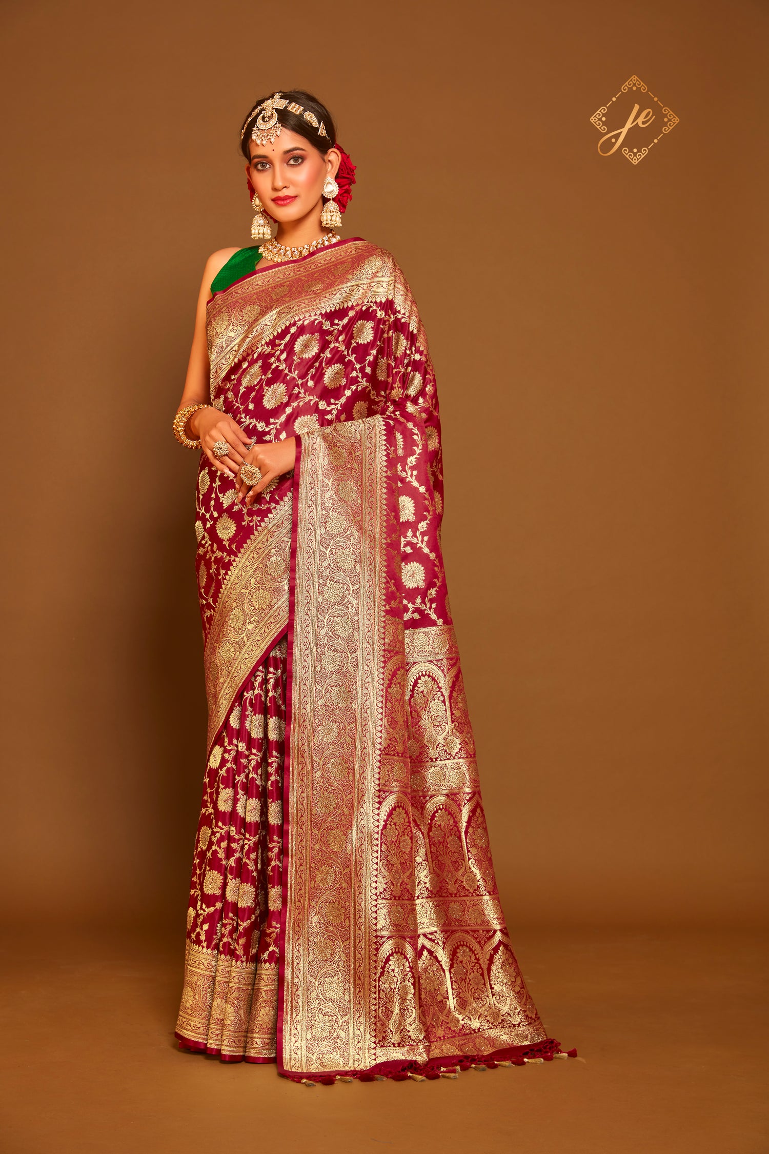 Carmine Red Satin Silk Jaal Banarasi Saree