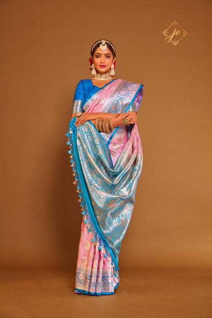 Pastel Pink Satin Silk with Contrast Blue Border Banarasi Saree