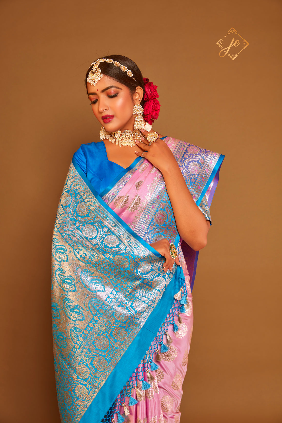 Pastel Pink Satin Silk with Contrast Blue Border Banarasi Saree