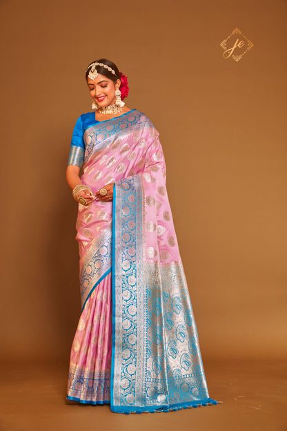 Pastel Pink Satin Silk with Contrast Blue Border Banarasi Saree