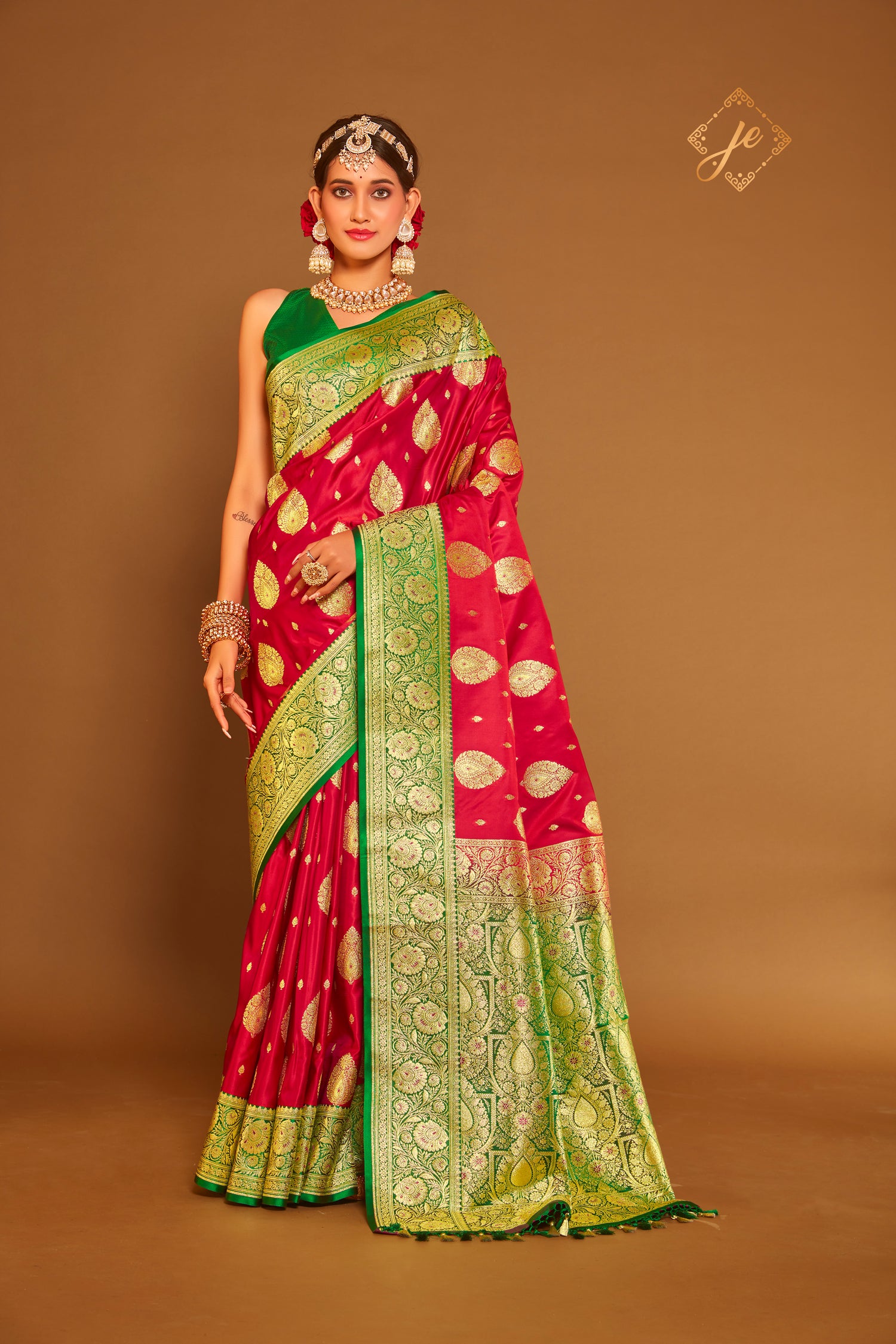 Red Satin Silk with Contrast Green Border Banarasi Saree