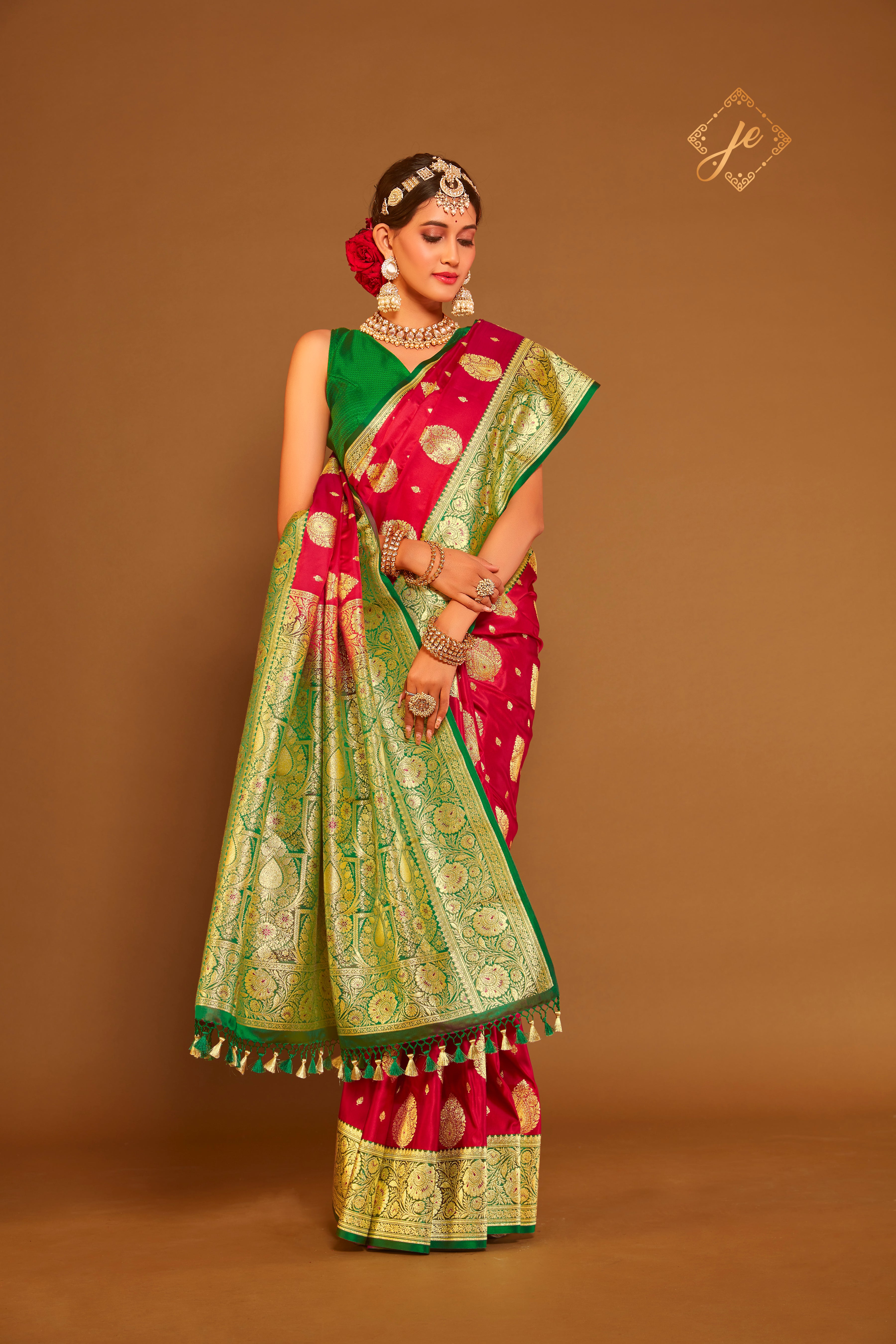 Red Satin Silk with Contrast Green Border Banarasi Saree