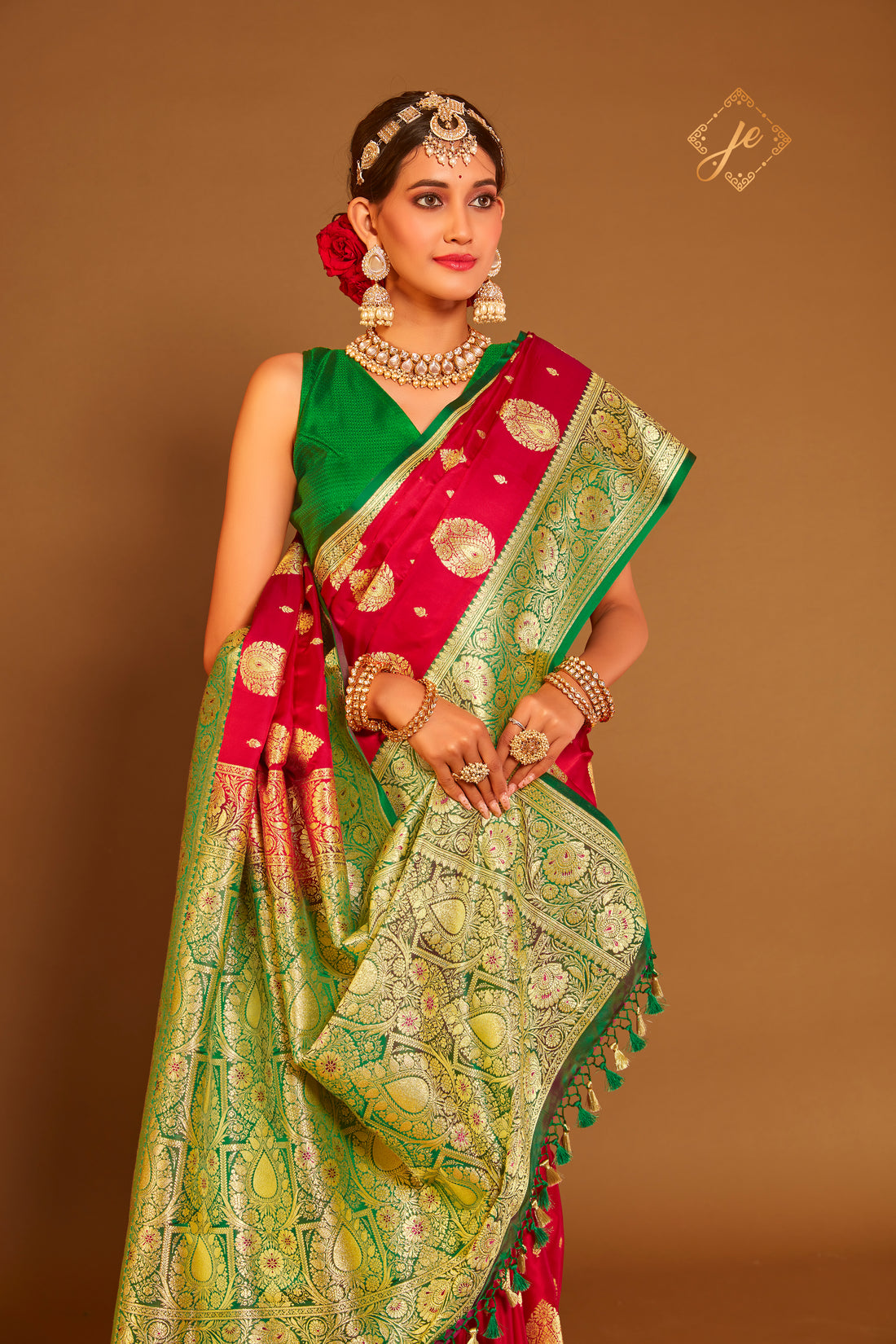 Red Satin Silk with Contrast Green Border Banarasi Saree