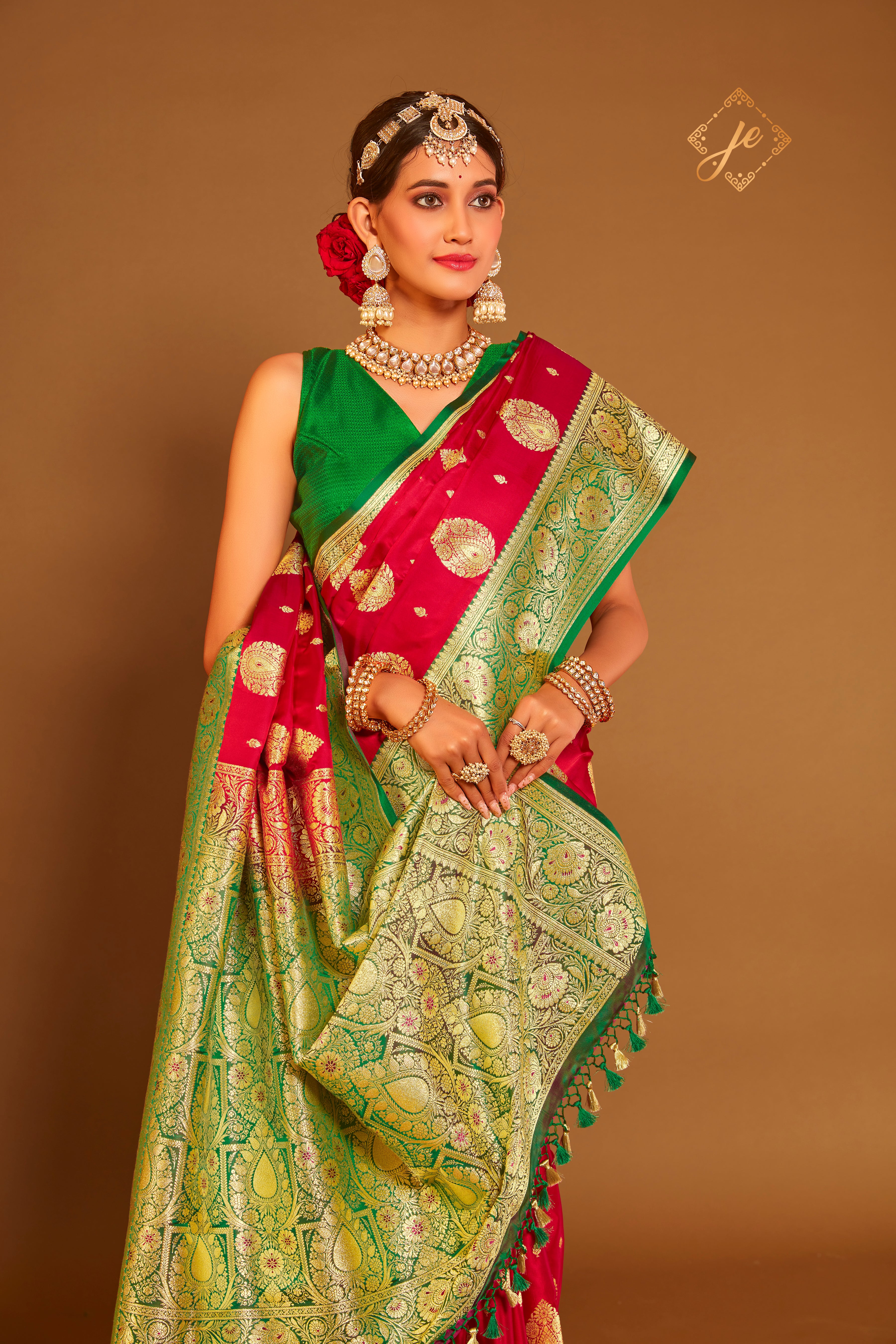 Red Satin Silk with Contrast Green Border Banarasi Saree