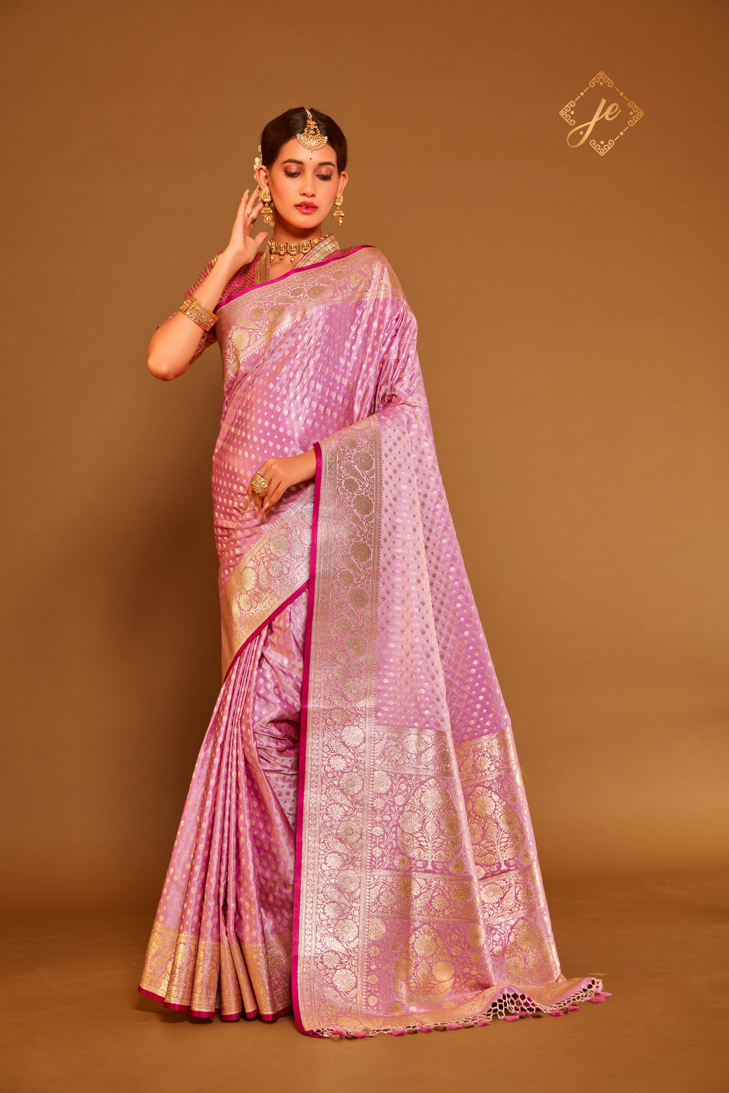 Pastel Pink Satin Silk Leheriya Buti Banarasi Saree