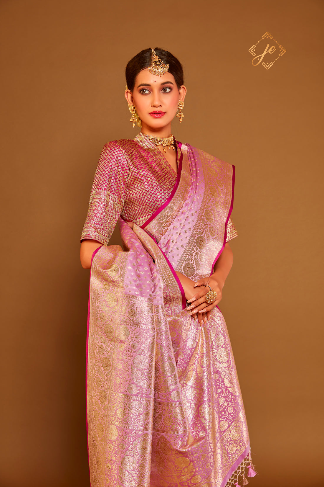 Pastel Pink Satin Silk Leheriya Buti Banarasi Saree