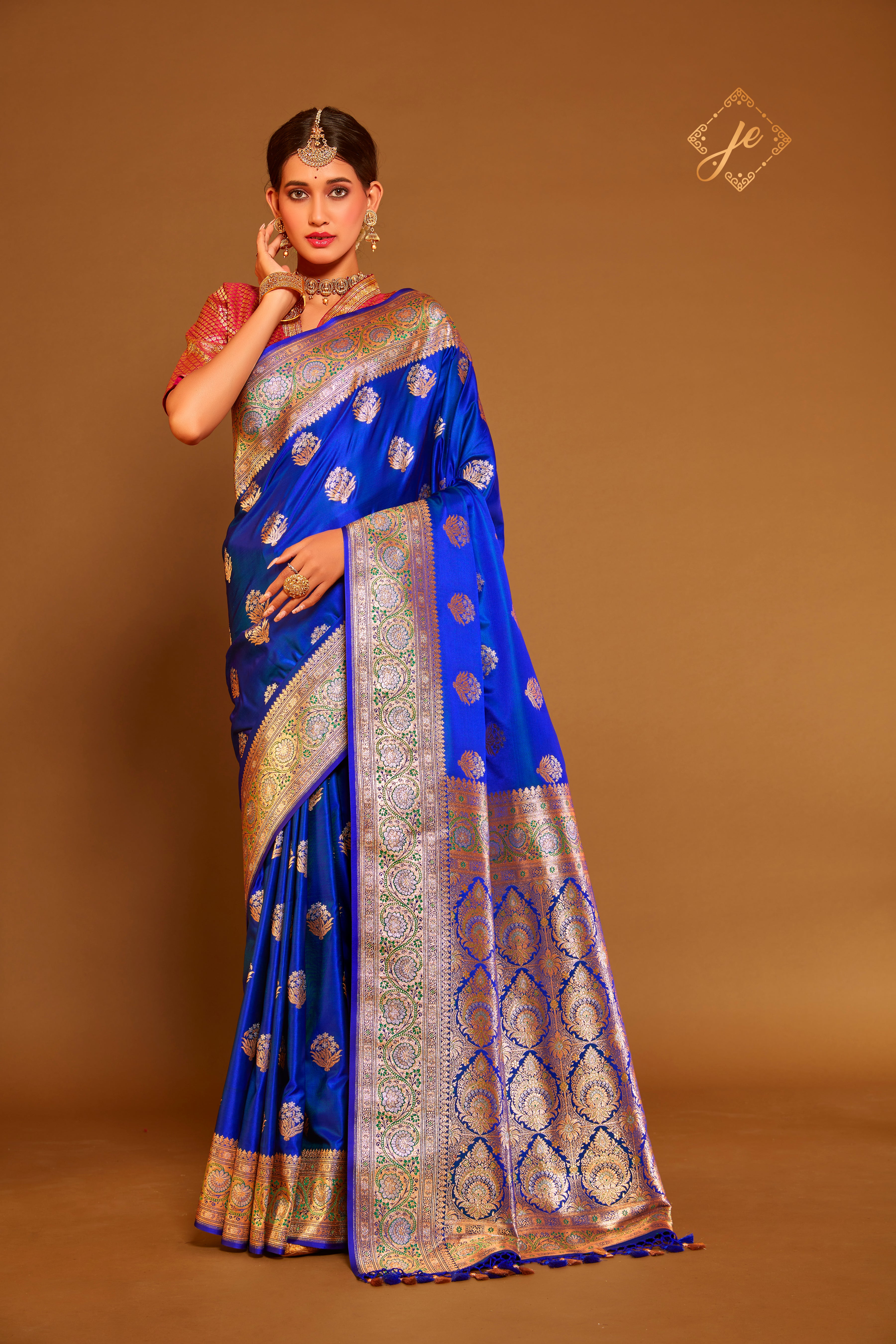 Royal Blue Satin Silk Meenakari Banarasi Saree