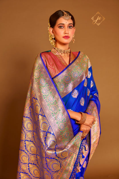 Royal Blue Satin Silk Meenakari Banarasi Saree