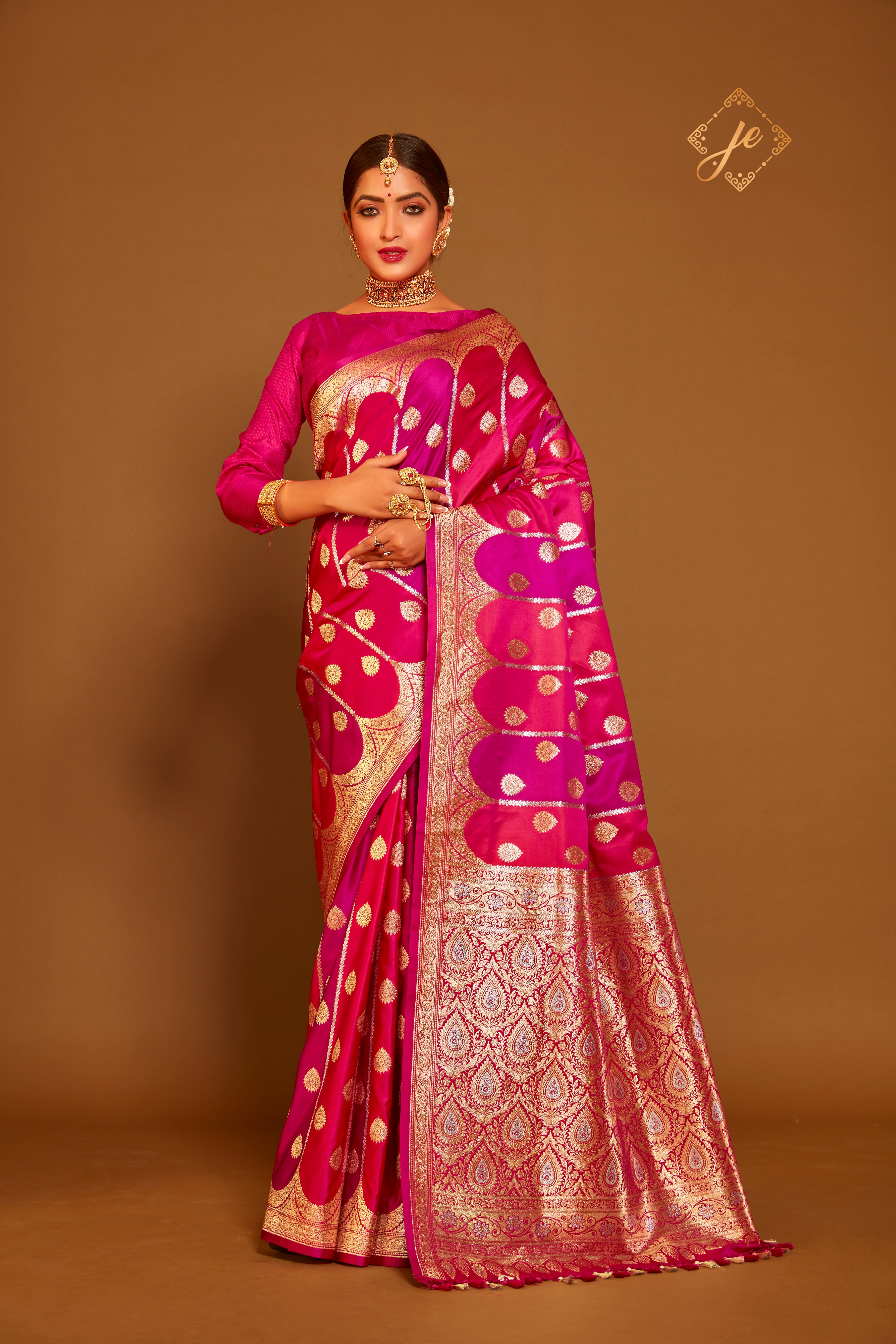 Firozi-Pink Satin Silk Rangkaat Banarasi Saree