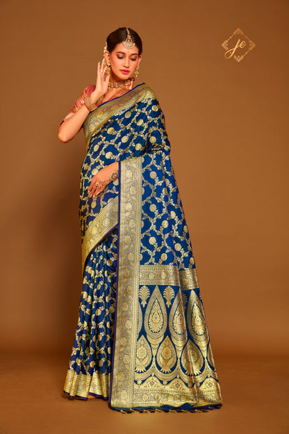 German Blue Satin Silk Jaal Banarasi Saree