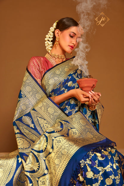 German Blue Satin Silk Jaal Banarasi Saree