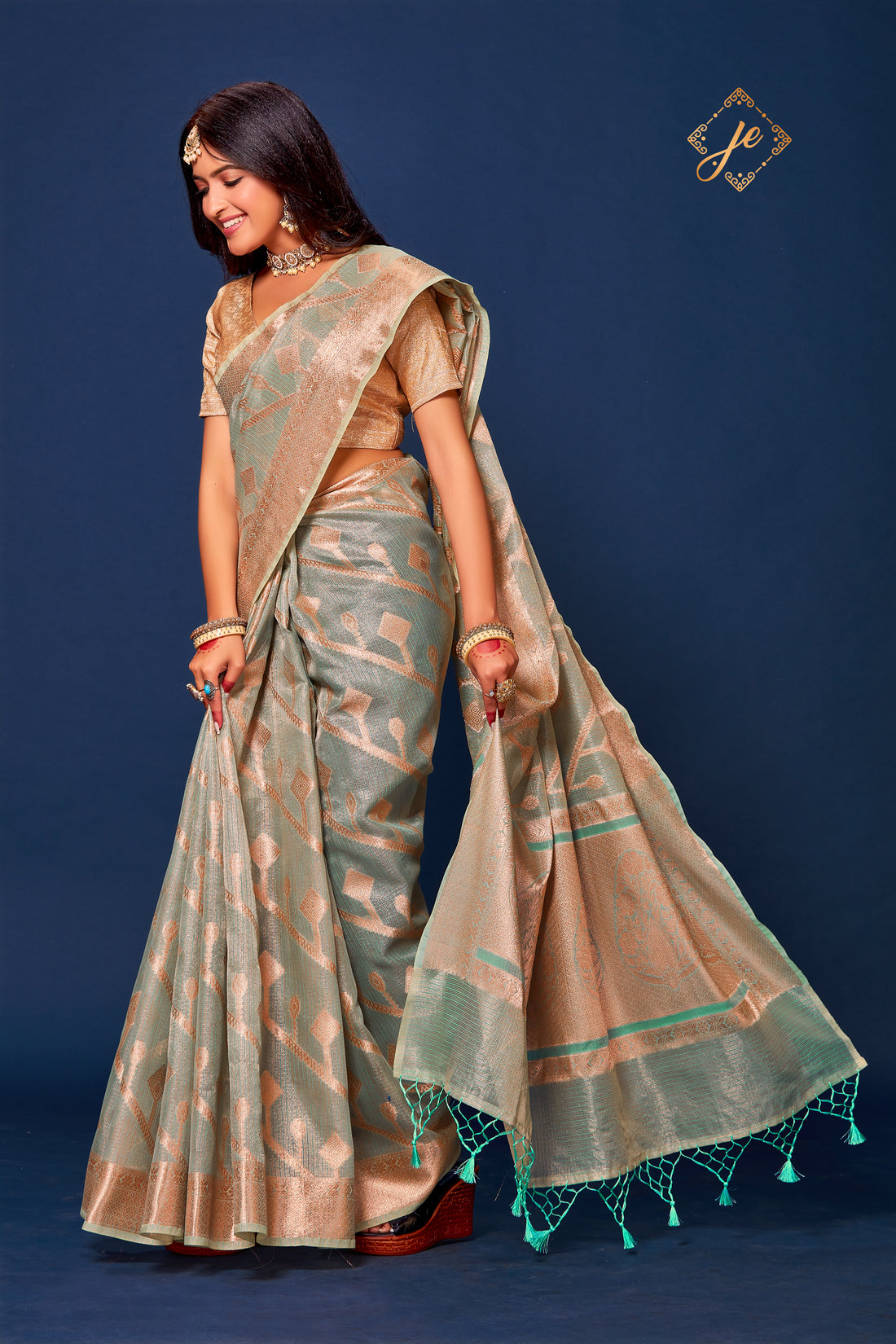 Pastel Blue Kora Tissue Striped Banarasi Saree