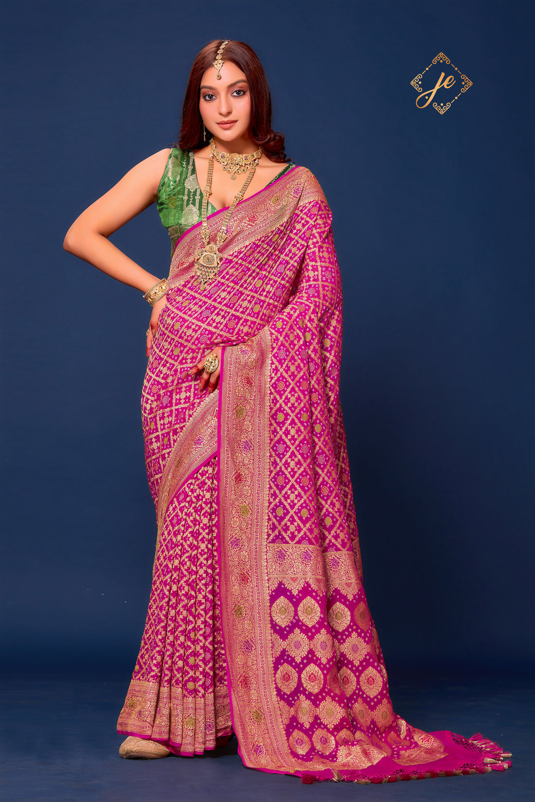 Rani Pink Meenakari Bandhej Khaddi Banarasi Saree