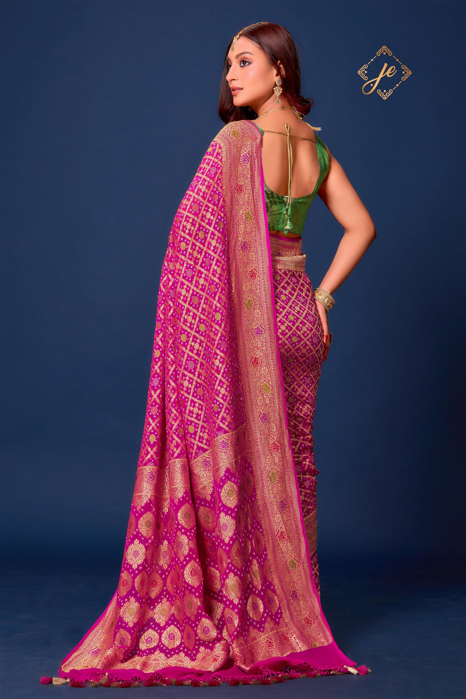 Rani Pink Meenakari Bandhej Khaddi Banarasi Saree