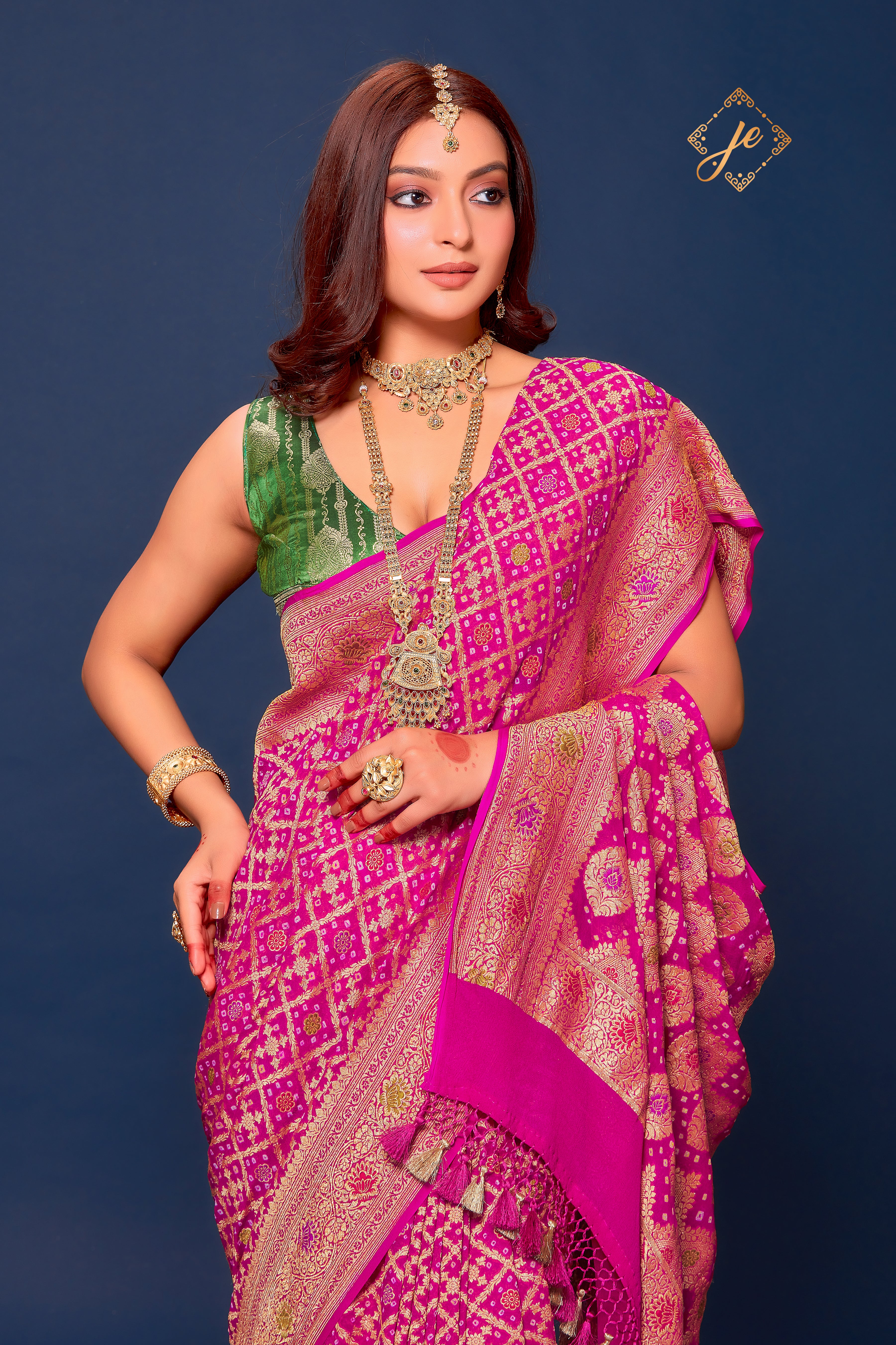 Rani Pink Meenakari Bandhej Khaddi Banarasi Saree