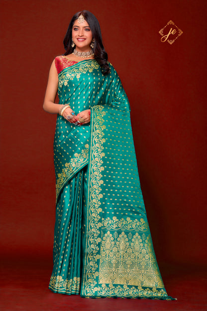 Rama Green Pure Satin Silk Banarasi Saree