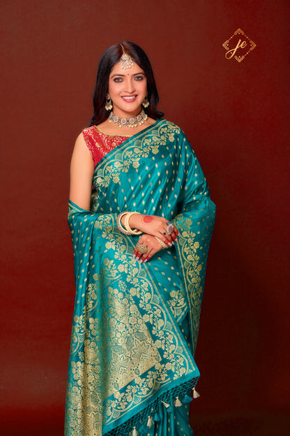 Rama Green Pure Satin Silk Banarasi Saree